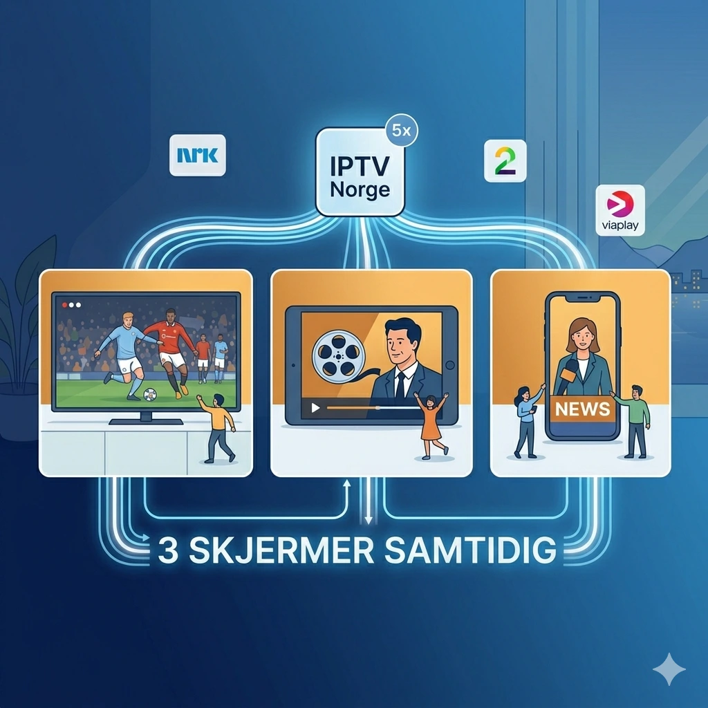 IPTV Norge tjeneste som kan brukes på tre skjermer samtidig.